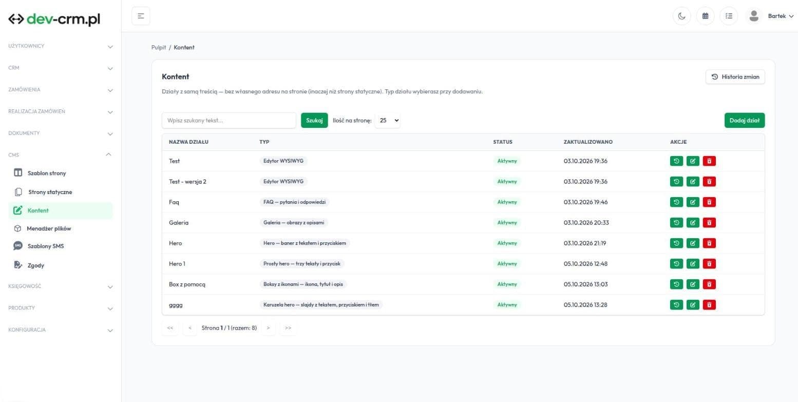 Lista działów treści CMS z typami hero, FAQ, galeria, boksy z ikonami