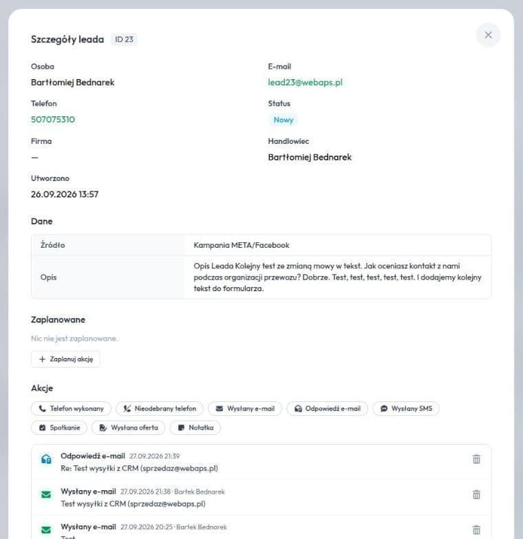 Szczegóły leada: osoba, e-mail, telefon, status, handlowiec i lista akcji