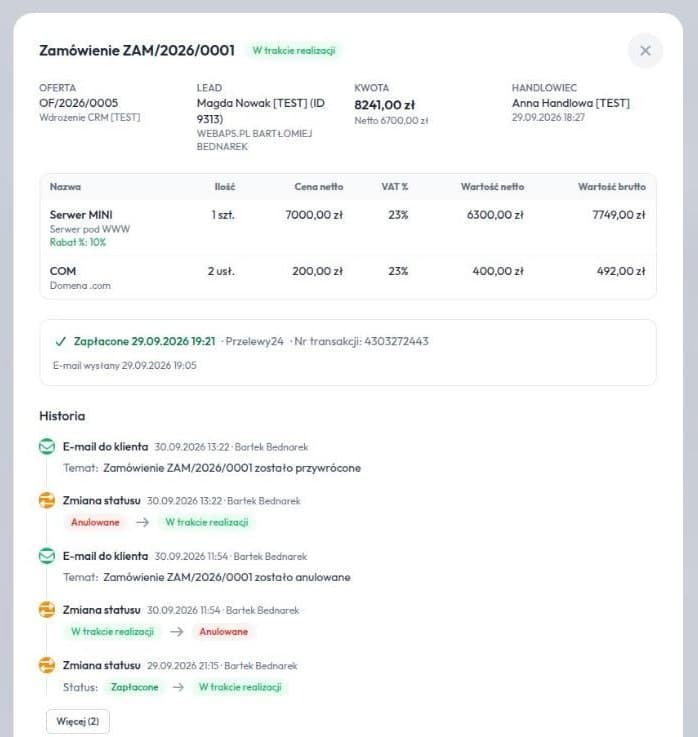 Szczegóły zamówienia ZAM/2026/0001 z pozycjami, informacją o płatności i historią