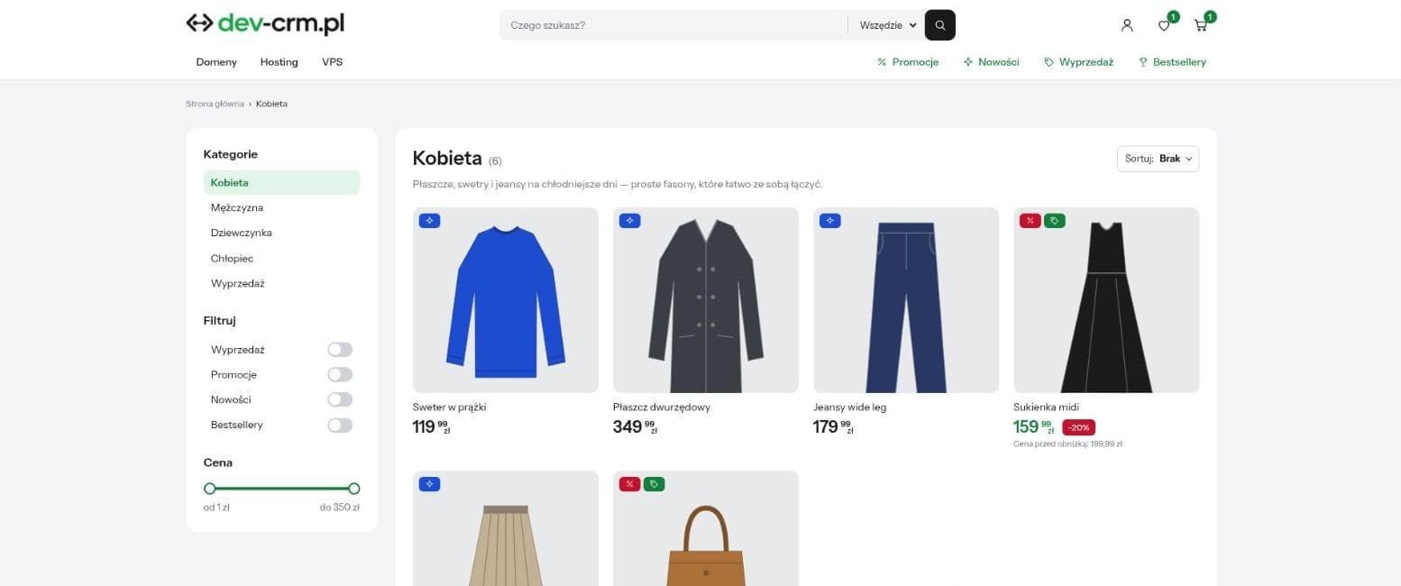 Strona kategorii w sklepie z filtrami wyprzedaż, promocje, nowości i zakresem cen